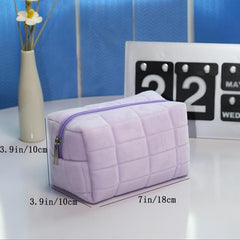 Plush Grid Quilted Cosmetic Bag Travel Storage Makeup Organizer