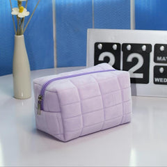 Plush Grid Quilted Cosmetic Bag Travel Storage Makeup Organizer