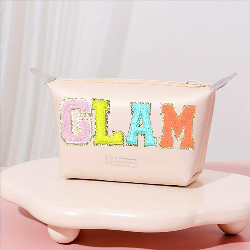 Chenille Letter Pattern Makeup Bag Zipper Carry On Bag Travel Toiletry Wash Bag