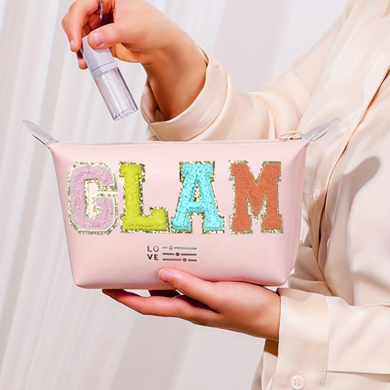Chenille Letter Pattern Makeup Bag Zipper Carry On Bag Travel Toiletry Wash Bag