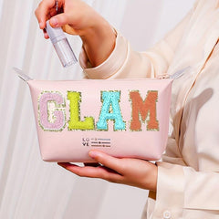 Chenille Letter Pattern Makeup Bag Zipper Carry On Bag Travel Toiletry Wash Bag