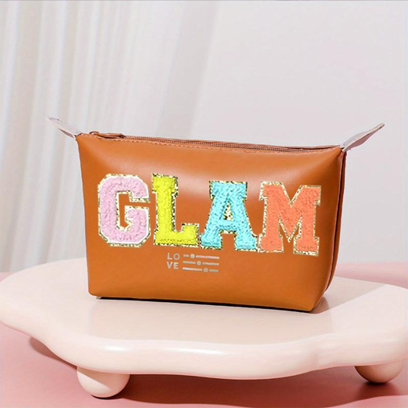 Chenille Letter Pattern Makeup Bag Zipper Carry On Bag Travel Toiletry Wash Bag