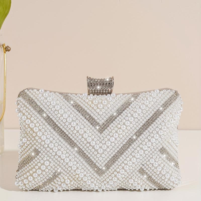 Women's Beads Decor Evening Bag Clutch Chain Bag for Party