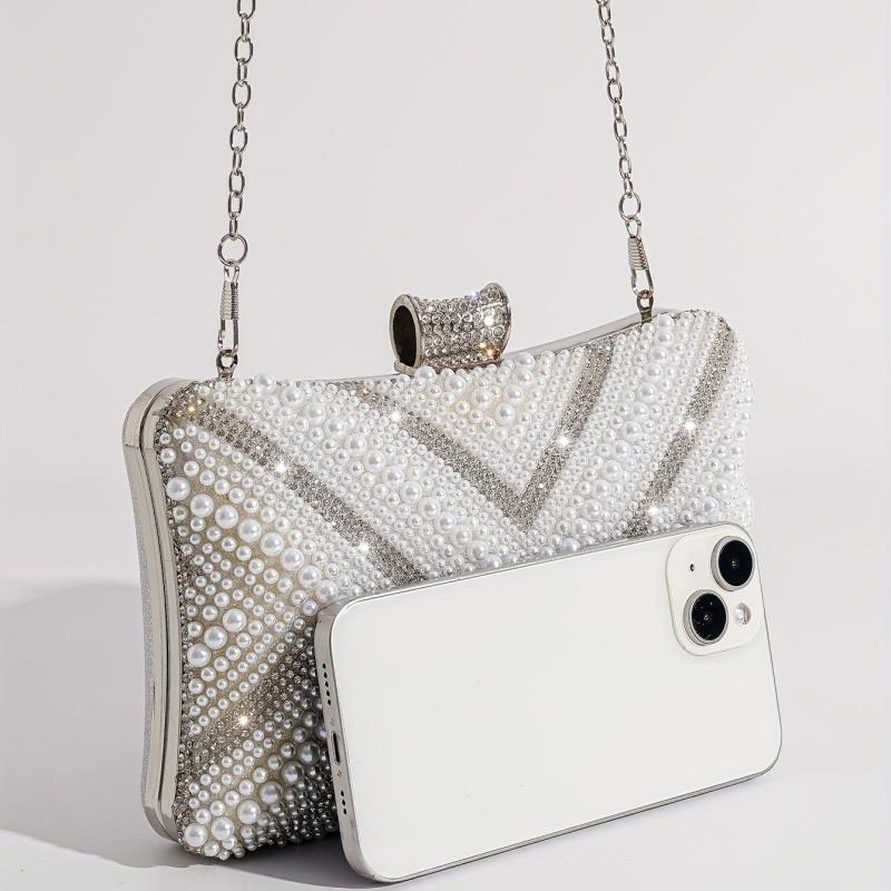 Women's Beads Decor Evening Bag Clutch Chain Bag for Party