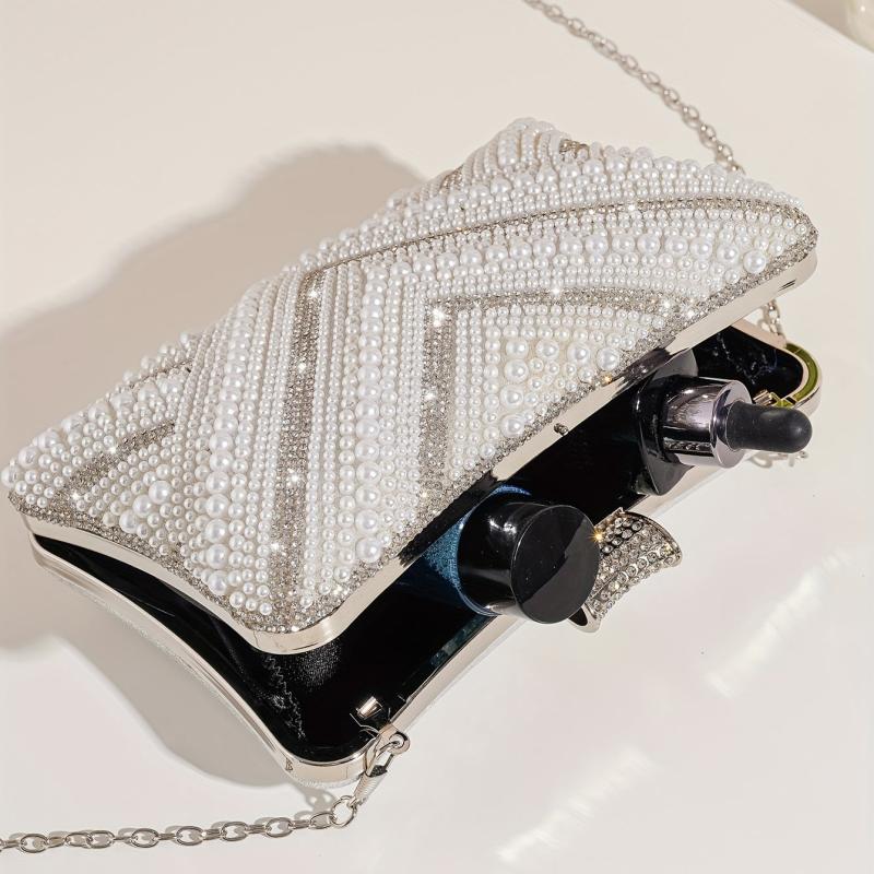Women's Beads Decor Evening Bag Clutch Chain Bag for Party