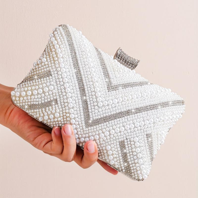 Women's Beads Decor Evening Bag Clutch Chain Bag for Party