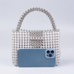 Elegent Acrylic Silver Beaded Handbag Glitter Satchel Bag