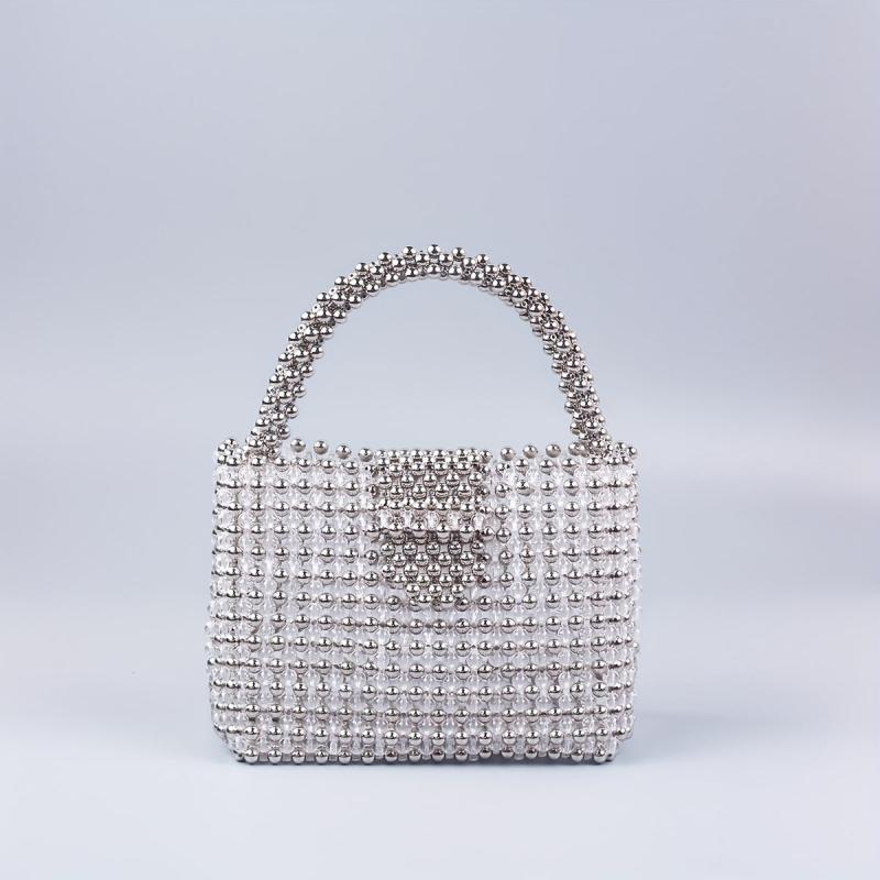 Elegent Acrylic Silver Beaded Handbag Glitter Satchel Bag
