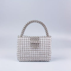 Elegent Acrylic Silver Beaded Handbag Glitter Satchel Bag