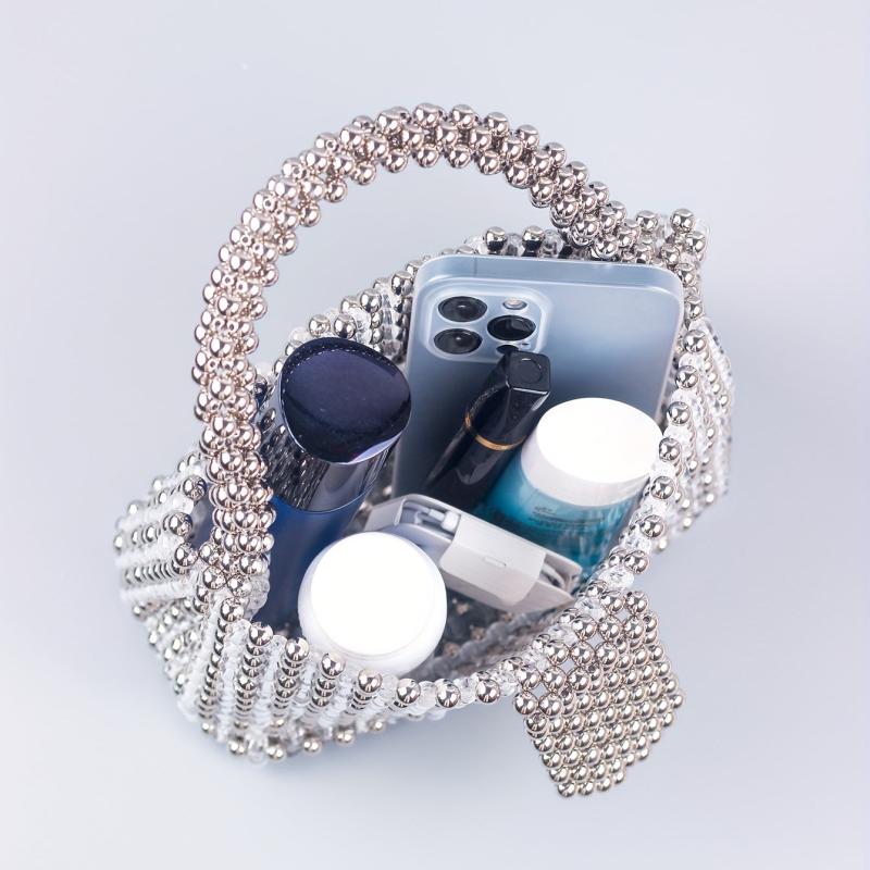 Elegent Acrylic Silver Beaded Handbag Glitter Satchel Bag