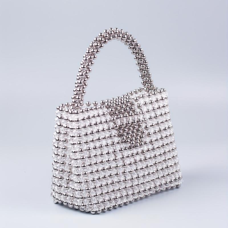 Elegent Acrylic Silver Beaded Handbag Glitter Satchel Bag