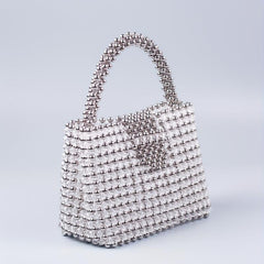 Elegent Acrylic Silver Beaded Handbag Glitter Satchel Bag