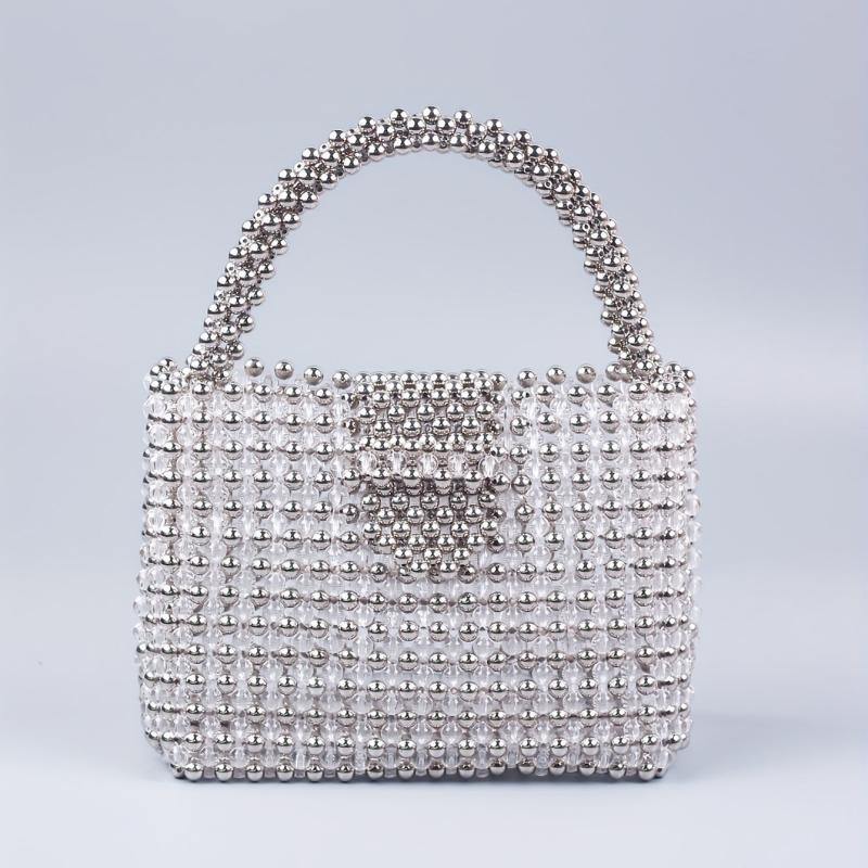 Elegent Acrylic Silver Beaded Handbag Glitter Satchel Bag