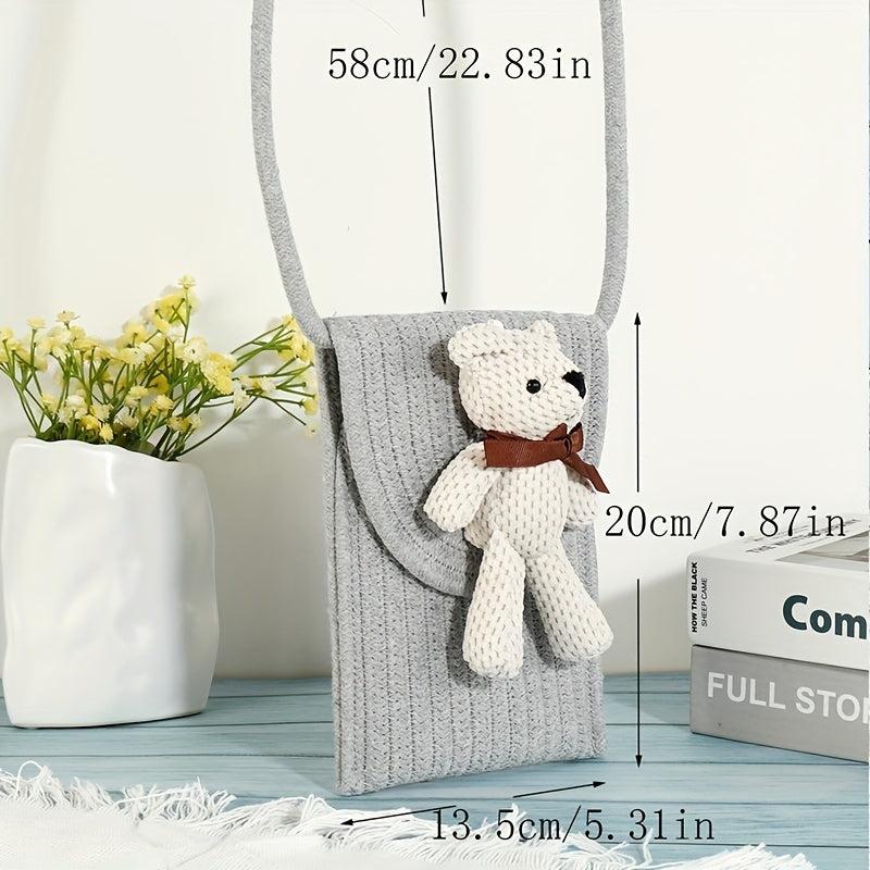 Cartoon Bear Straw Crossbody Bag Women's Flap Purse