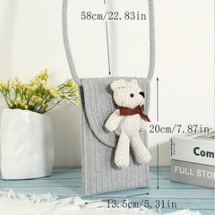 Cartoon Bear Straw Crossbody Bag Women's Flap Purse