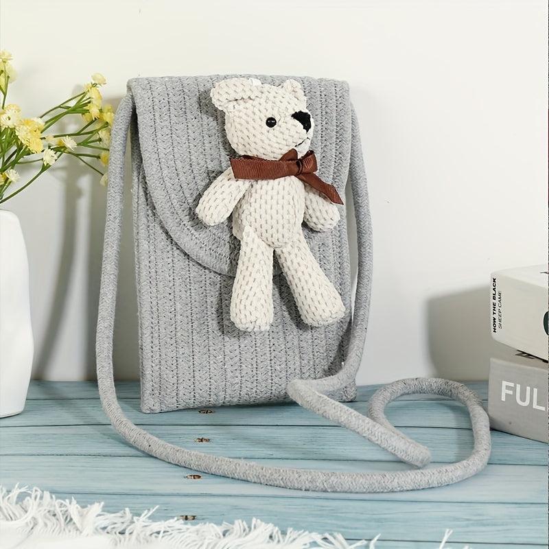 Cartoon Bear Straw Crossbody Bag Women's Flap Purse