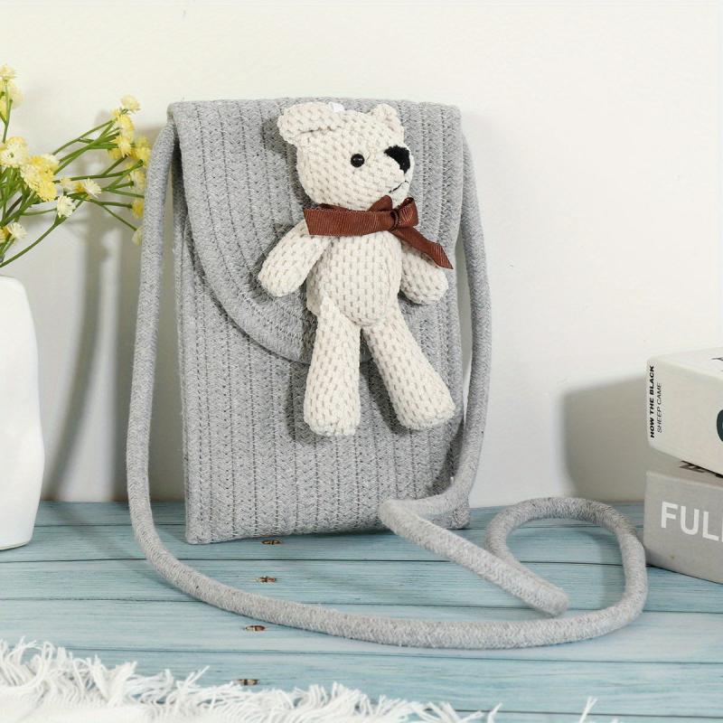 Cartoon Bear Straw Crossbody Bag Women's Flap Purse