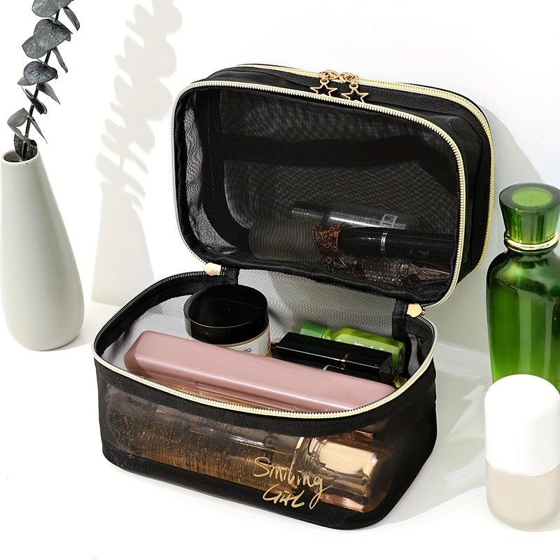 Hangable Mesh Cube Cosmetic Bag Double Layer Nylon Makeup Bag
