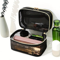 Hangable Mesh Cube Cosmetic Bag Double Layer Nylon Makeup Bag