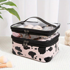 Portable Cow Print Cosmetic Bag Waterproof Double Layer Hand Storage