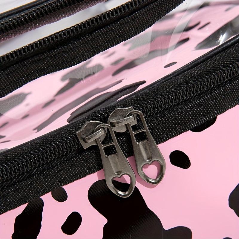 Portable Cow Print Cosmetic Bag Waterproof Double Layer Hand Storage
