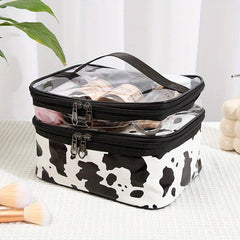 Portable Cow Print Cosmetic Bag Waterproof Double Layer Hand Storage