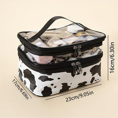Portable Cow Print Cosmetic Bag Waterproof Double Layer Hand Storage