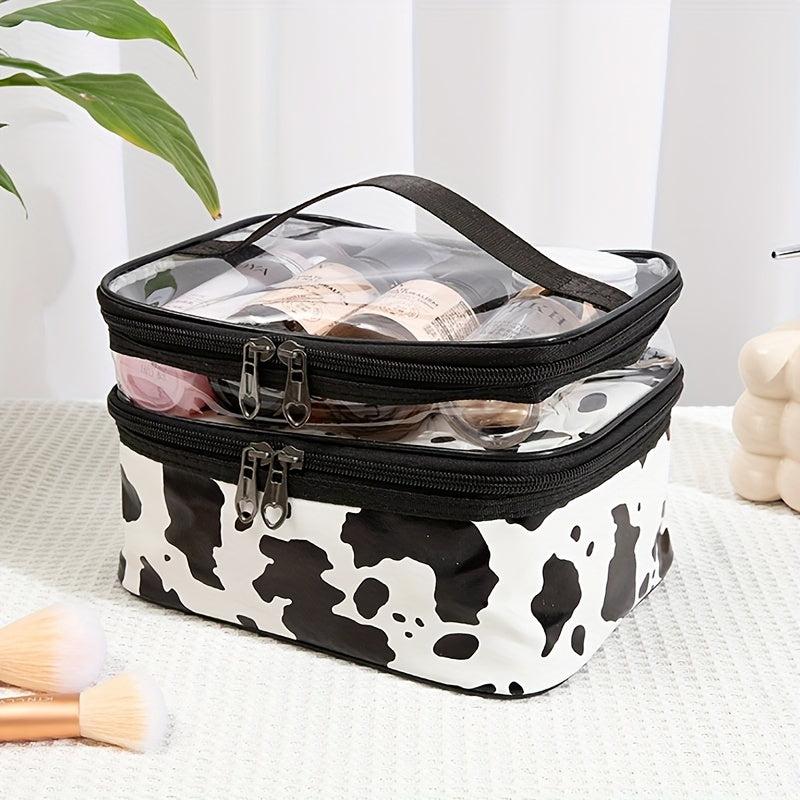 Portable Cow Print Cosmetic Bag Waterproof Double Layer Hand Storage