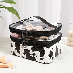 Portable Cow Print Cosmetic Bag Waterproof Double Layer Hand Storage