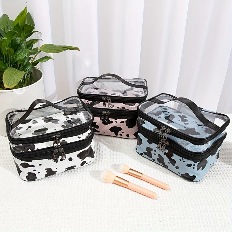 Portable Cow Print Cosmetic Bag Waterproof Double Layer Hand Storage