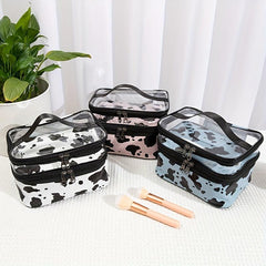 Portable Cow Print Cosmetic Bag Waterproof Double Layer Hand Storage