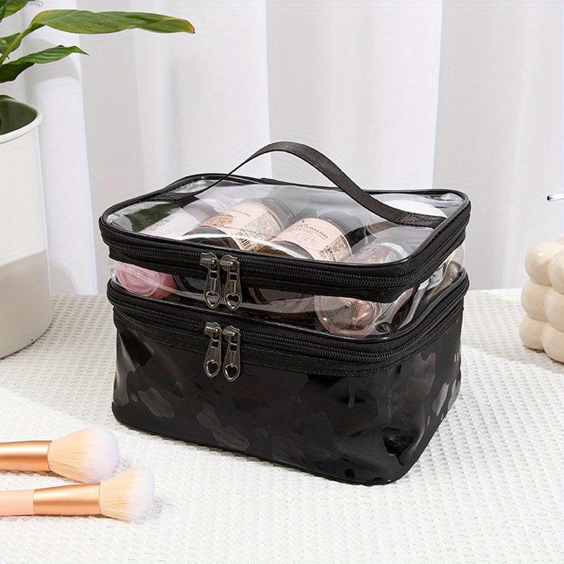 Portable Cow Print Cosmetic Bag Waterproof Double Layer Hand Storage