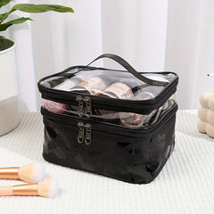 Portable Cow Print Cosmetic Bag Waterproof Double Layer Hand Storage