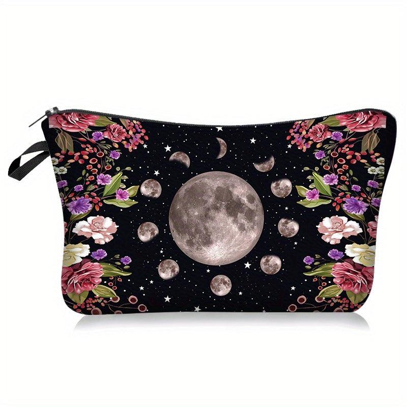 Moon & Flowers Print Cosmetic Bag Zipper Storage Pouch Lightweight