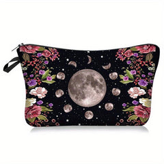 Moon & Flowers Print Cosmetic Bag Zipper Storage Pouch Lightweight