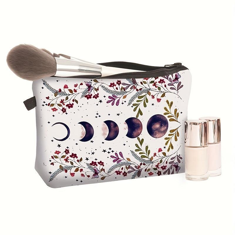 Moon & Flowers Print Cosmetic Bag Zipper Storage Pouch Lightweight
