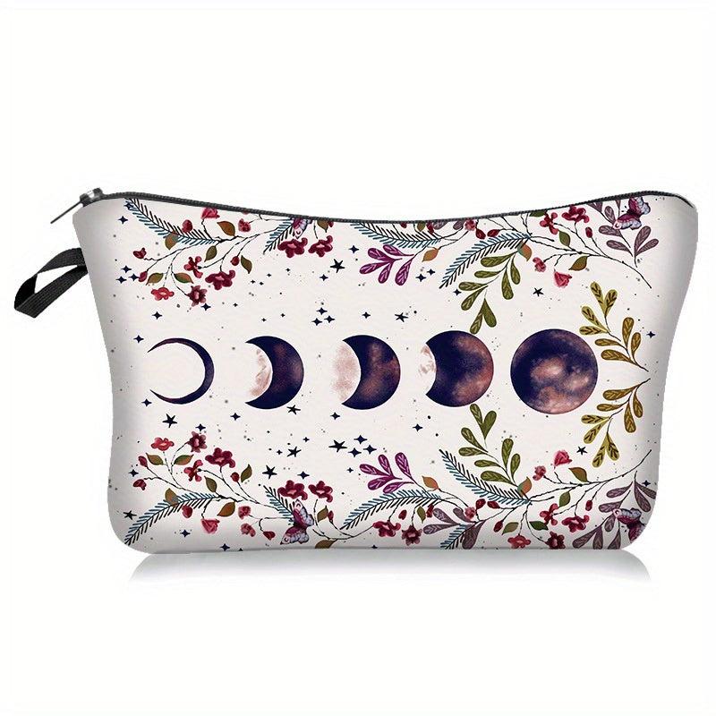 Moon & Flowers Print Cosmetic Bag Zipper Storage Pouch Lightweight