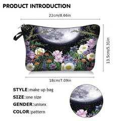 Moon & Flowers Print Cosmetic Bag Zipper Storage Pouch Lightweight