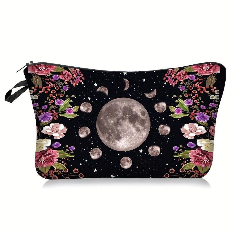 Moon & Flowers Print Cosmetic Bag Zipper Storage Pouch Lightweight