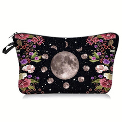 Moon & Flowers Print Cosmetic Bag Zipper Storage Pouch Lightweight