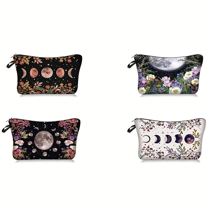 Moon & Flowers Print Cosmetic Bag Zipper Storage Pouch Lightweight