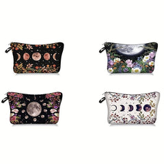 Moon & Flowers Print Cosmetic Bag Zipper Storage Pouch Lightweight