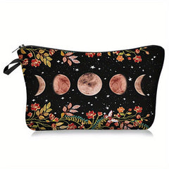 Moon & Flowers Print Cosmetic Bag Zipper Storage Pouch Lightweight