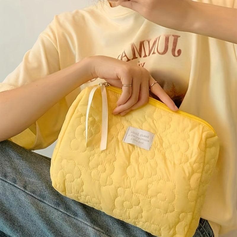 Flower Quilted Cosmetic Bag Zipper Clutch Makeup Bag