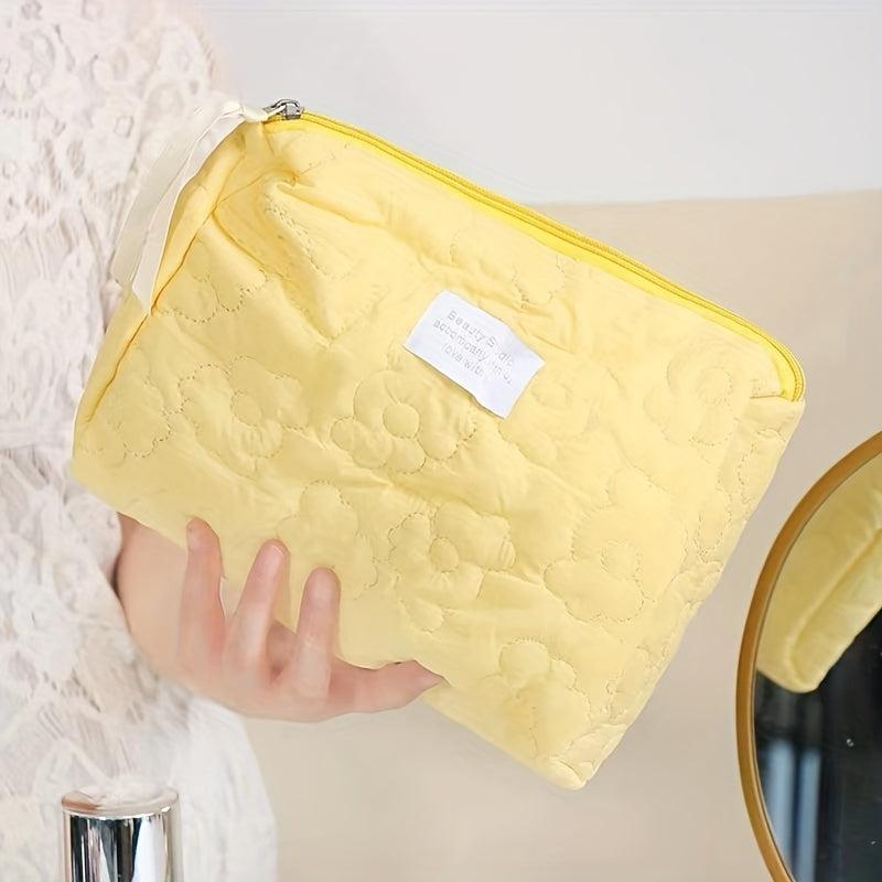 Flower Quilted Cosmetic Bag Zipper Clutch Makeup Bag