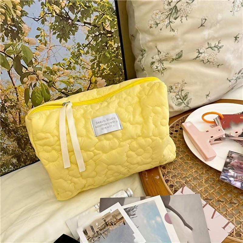 Flower Quilted Cosmetic Bag Zipper Clutch Makeup Bag