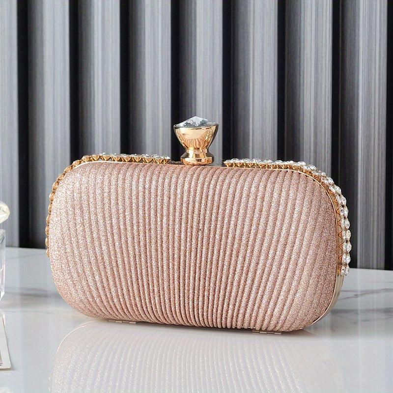 Pleat Solid Clutch Bag Rhinestone Decor Buckle Mini Wedding Prom Handbag
