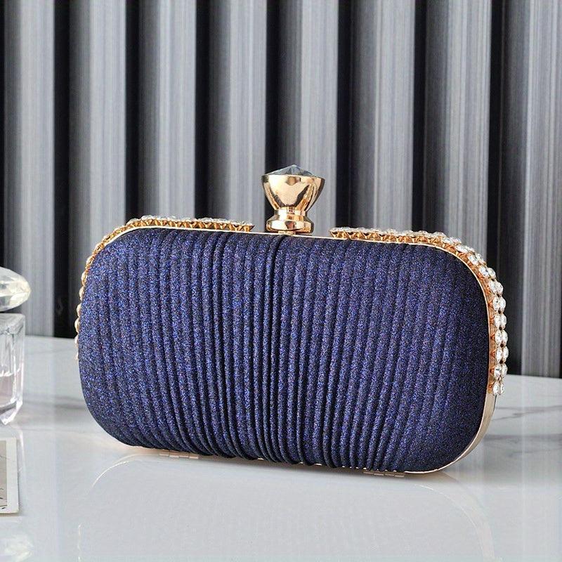 Pleat Solid Clutch Bag Rhinestone Decor Buckle Mini Wedding Prom Handbag
