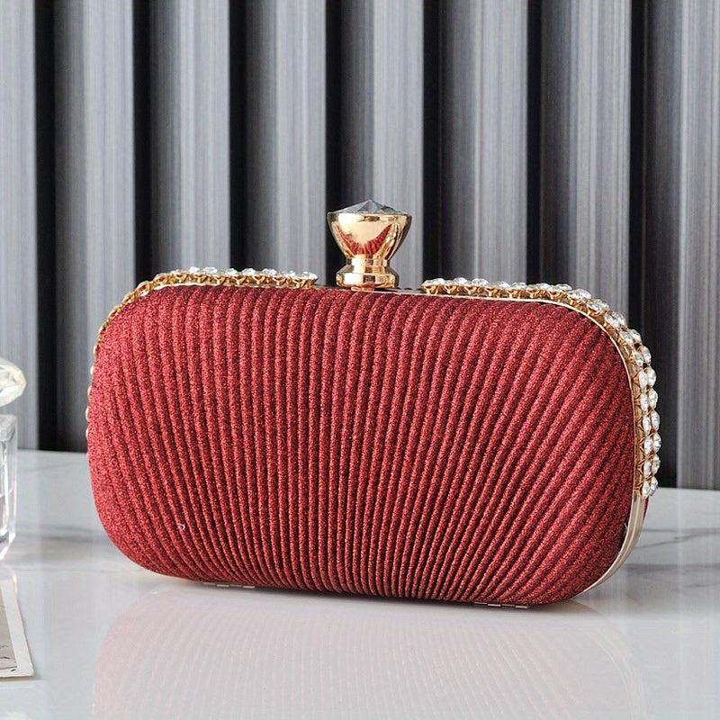 Pleat Solid Clutch Bag Rhinestone Decor Buckle Mini Wedding Prom Handbag