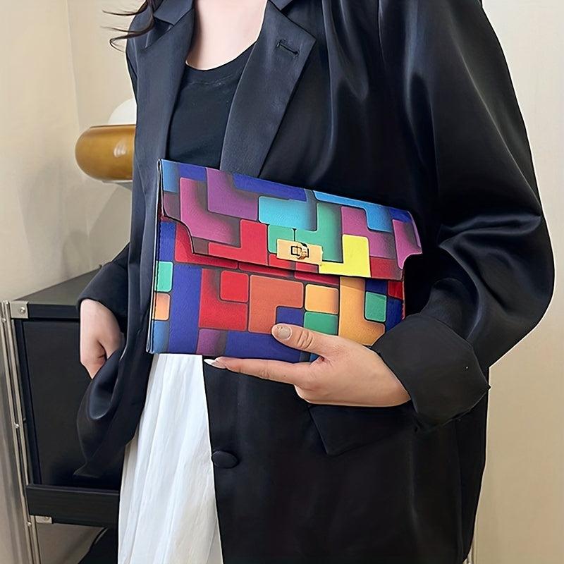 Rainbow Colorblock Clutch Bag Geometric Pattern Flap Purse